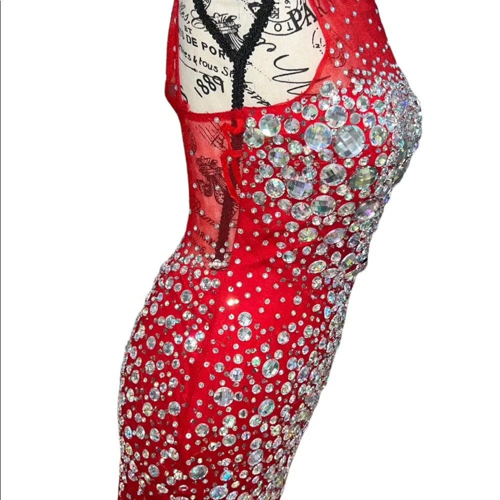 Red Rhinestone Mermaid Formal Prom Dress - Picture 5 of 6